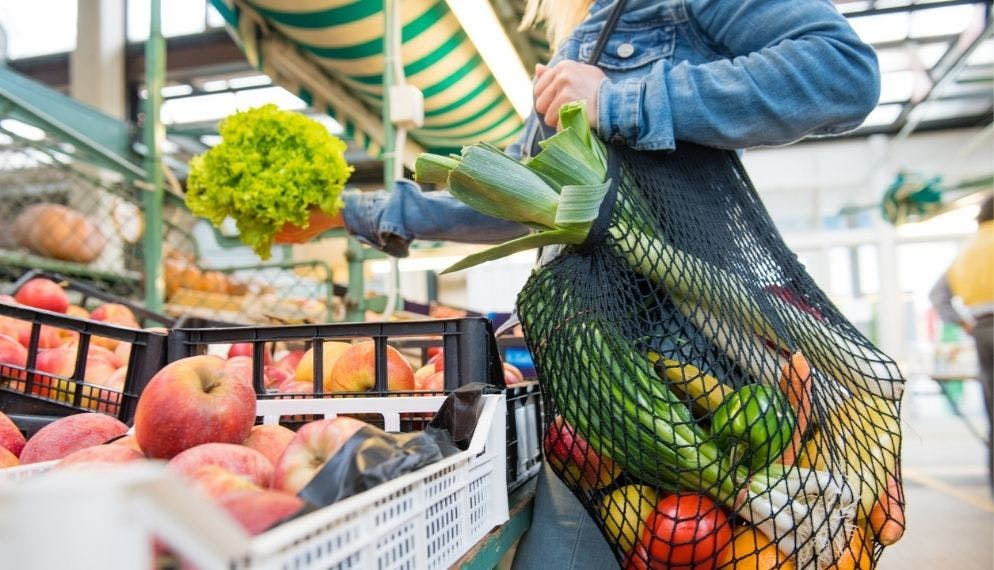 individu faisant son marché avec un sac de fruits et légumes