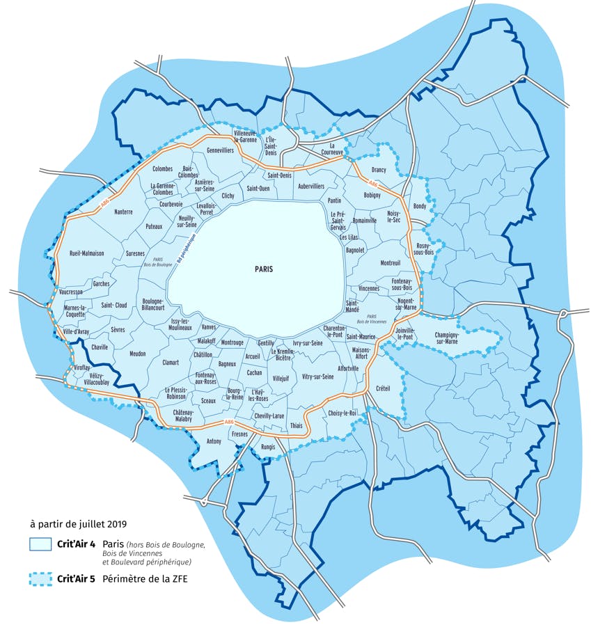 Où pourront circuler les voitures en fonction de leur Crit'Air à partir de juillet 2019 dans la métropole du Grand Paris ?
