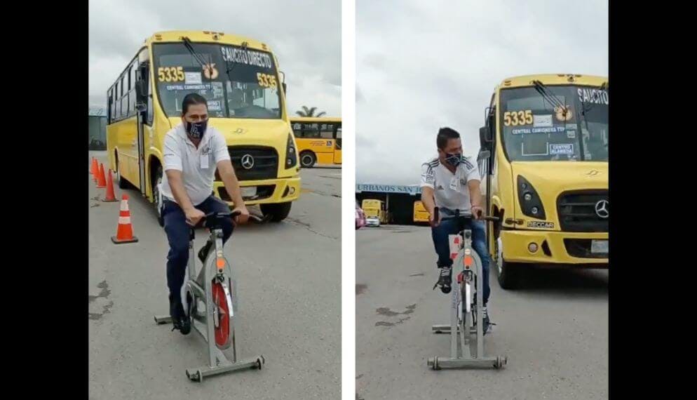 Des chauffeurs de bus sur un vélo qui se fait frôler par un bus