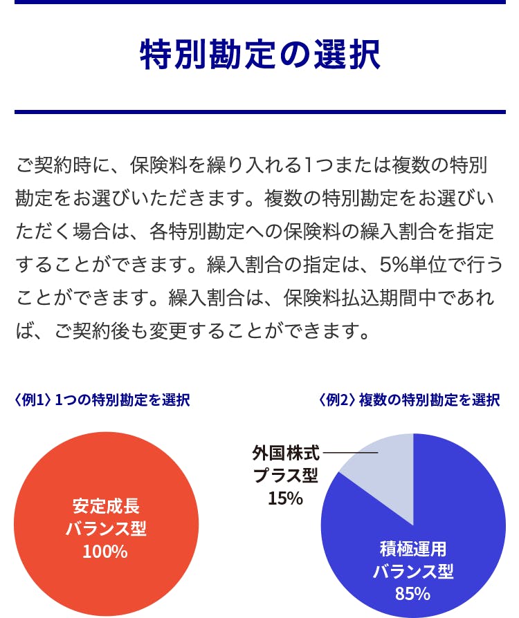 特別勘定の選択
ご契約時に、保険料を繰り入れる1つまたは複数の特別勘定をお選びいただきます。
<例1>1つの特別勘定を選択・・・安定成長型バランス型100%
<例2>複数の特別勘定を選択・・・積極運用バランス型85%、外国株式プラス型15%