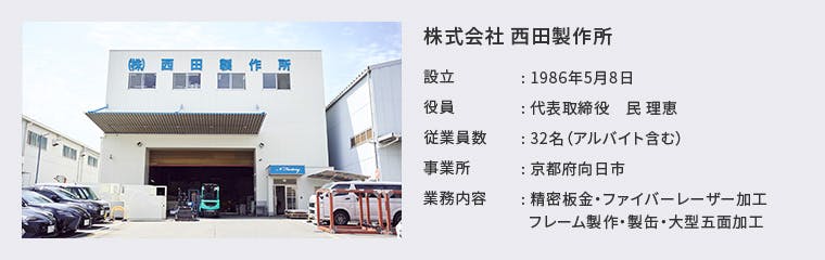 株式会社 西田製作所 設立：1986年5月8日 役員：代表取締役　民 理恵 従業員数：32名（アルバイト含む） 事業所：京都府向日市 業務内容：精密板金・ファイバーレーザー加工・フレーム製作・製缶・大型五面加工