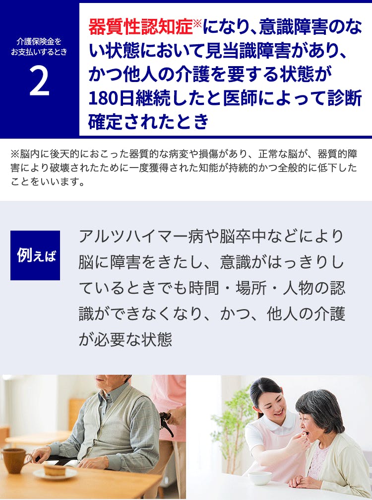 介護保険金をお支払するとき2
器質性認知症※になり、意識障害のない状態において見当識障害があり、かつ他人の介護を要する状態が180日継続したと医師によって診断確定されたとき