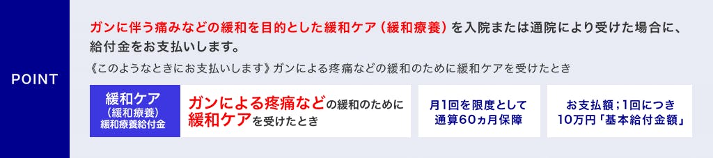 POINT ガン伴う痛みなどの緩和を目的とした緩和ケア(緩和療養)を入院または通院により受けた場合に、給付金をお支払いします。