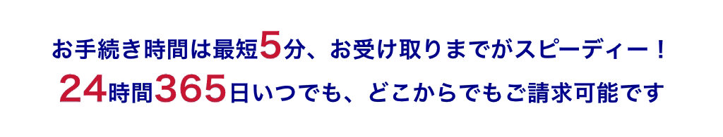 お手続き時間は最短5分、お受け取りまでがスピーディー！24時間365日いつでも、どこからでもご請求可能です。