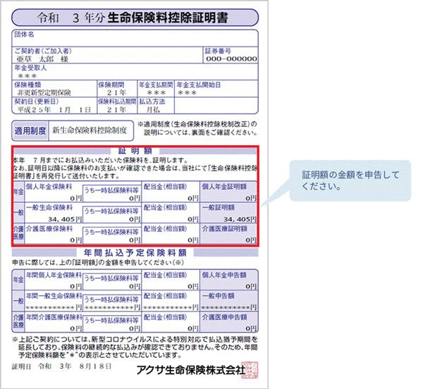 令和3年分生命保険料控除証明書