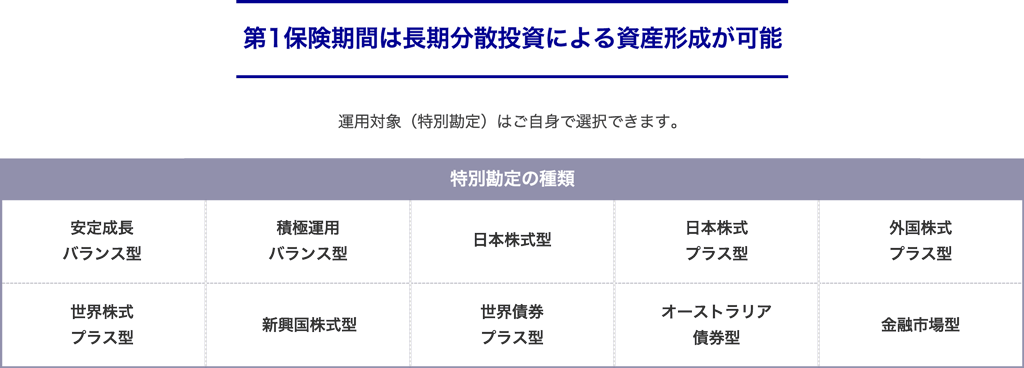 第1保険期間は長期分散投資による資産形成が可能
運用対象(特別勘定)はご自身で選択できます。
特別勘定の種類・・・安定成長バランス型、積極運用バランス型、日本株式型、日本株式プラス型、外国株式プラス型、世界株式プラス型、新興国株式型、世界債券プラス型、オーストラリア債券型、金融市場型