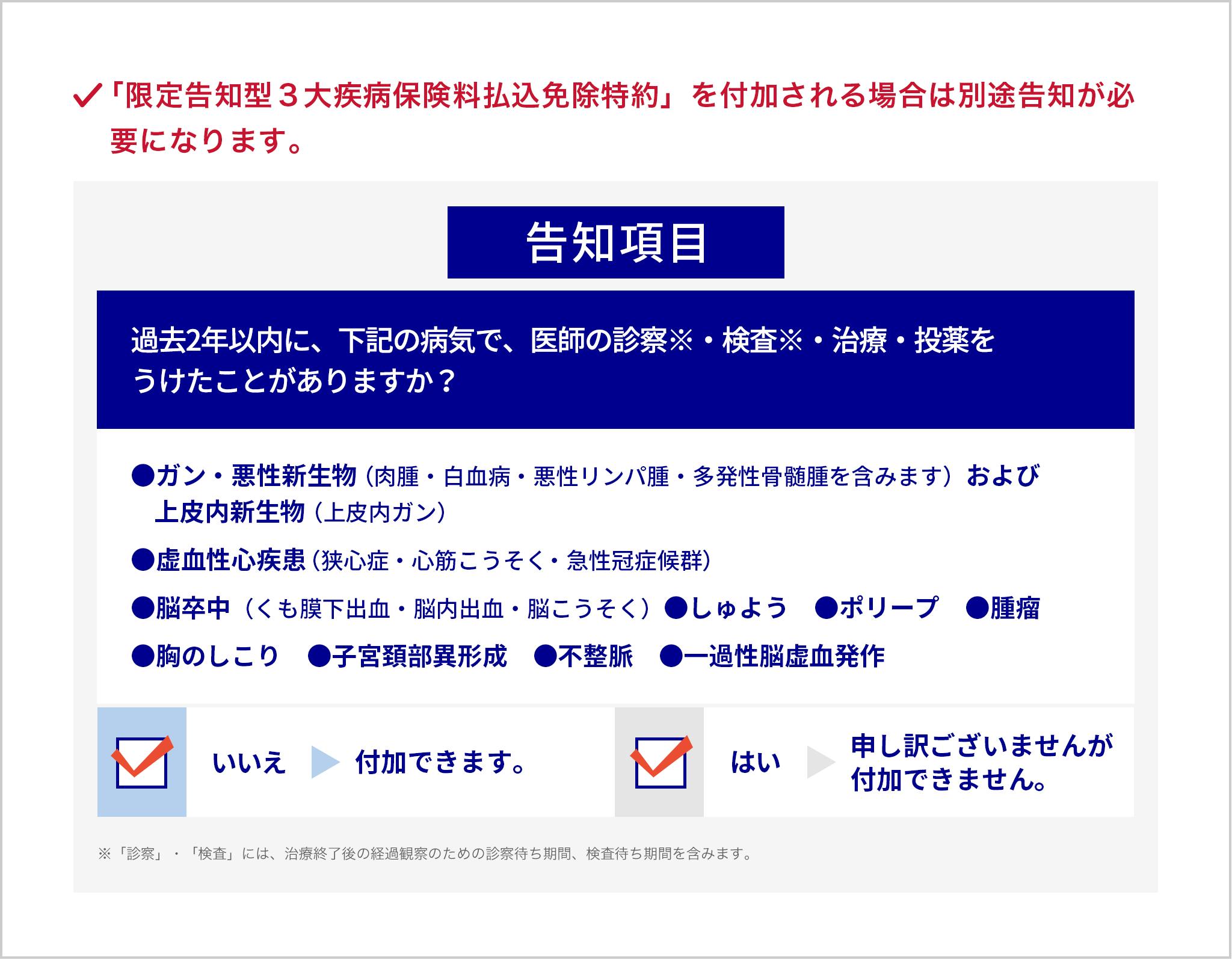 「限定告知型3大疾病保険料払込免除特約」を付加される場合は別途告知が必要になります。告知項目