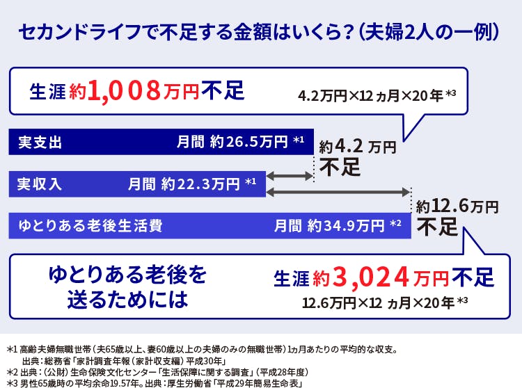 セカンドライフで不足する金額はいくら(夫婦2人の一例)
生涯約1,008万円不足
4.2万円×12ヵ月×20年*3
ゆとりある老後を送るためには
生涯約3,024万円不足
12.6万円×12ヵ月×20年*3
*3 男性65歳時の平均余命19.57年。出典:厚生労働省「平成29年簡易生命表」