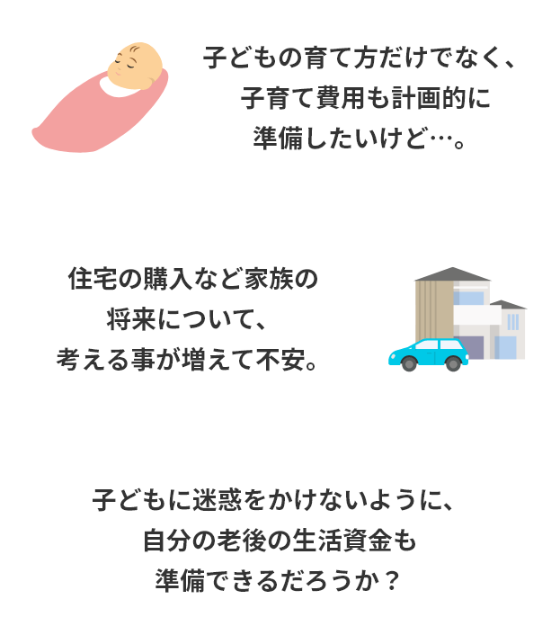 子どもの育て方だけでなく、子育て費用も計画的に準備したいけど…。住宅の購入など家族の将来について、考える事が増えて不安。子どもに迷惑をかけないように、自分の老後の生活資金も準備できるだろうか？